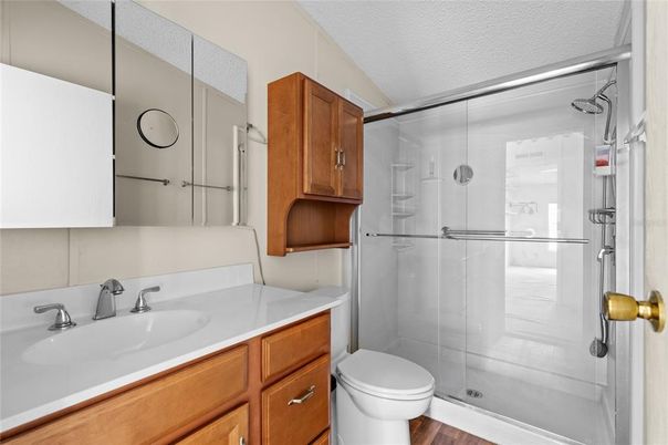 Bathroom, Glass Shower, Interior, Wood Texture Flooring