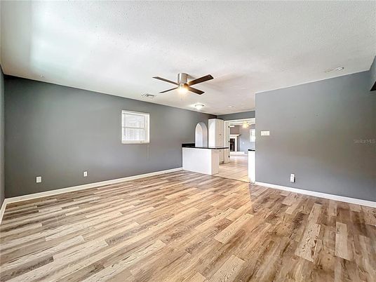 Empty room, Interior, Kitchen, Recessed Lighting, Wood Texture Flooring