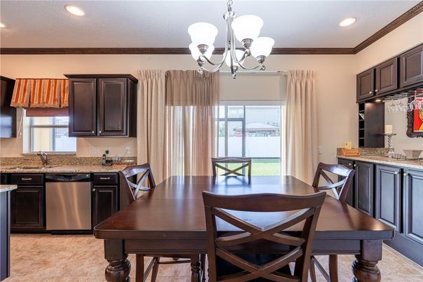 Chandelier, Dining room, Interior, Kitchen, Recessed Lighting, Stainless Steel Appliances