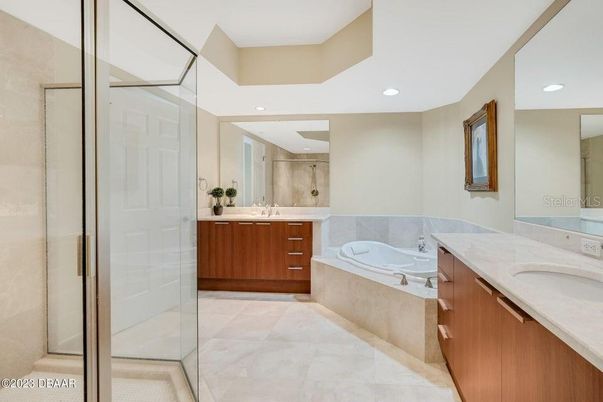 Bathroom, Dual Sink Vanities, Glass Shower, Interior, Recessed Lighting
