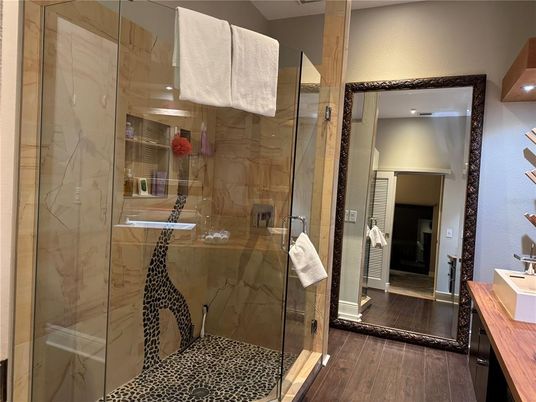 Bathroom, Glass Shower, Interior, Marble Walls, Recessed Lighting, Wood Texture Flooring