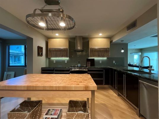 Interior, Kitchen, Pendant Lights, Recessed Lighting, Stainless Steel Appliances, Wood Texture Flooring