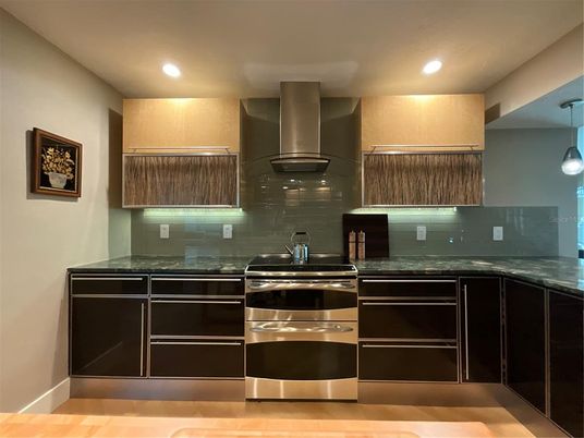 Interior, Kitchen, Pendant Lights, Recessed Lighting, Stainless Steel Appliances, Wood Texture Flooring