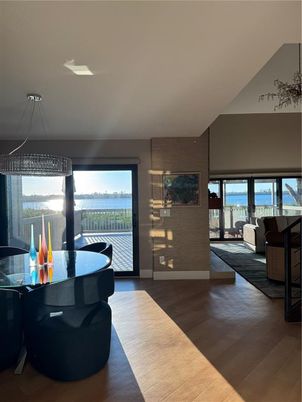 Dining room, Interior, Living room, Pendant Lights, Water, Wood Texture Flooring