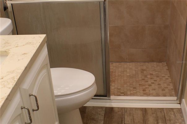 Bathroom, Glass Shower, Interior, Wood Texture Flooring