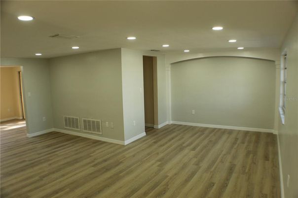Empty room, Interior, Recessed Lighting, Wood Texture Flooring