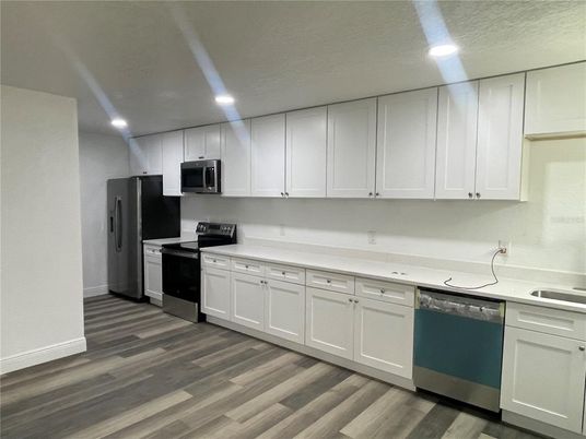 Interior, Kitchen, Recessed Lighting, Wood Texture Flooring