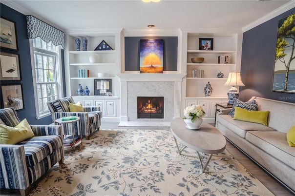 Fireplace, Interior, Living room, Recessed Lighting, Wood Texture Flooring