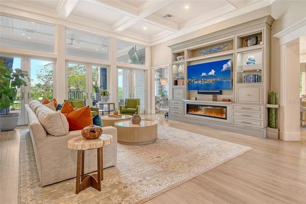 Fireplace, Interior, Living room, Recessed Lighting, Wood Texture Flooring
