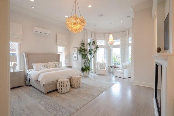 Bedroom, Chandelier, Fireplace, Interior, Pendant Lights, Recessed Lighting, Wood Texture Flooring