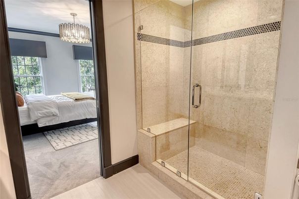 Bathroom, Bedroom, Glass Shower, Interior, Pendant Lights