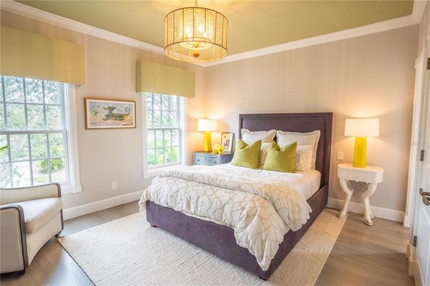 Bedroom, Interior, Pendant Lights, Wood Texture Flooring