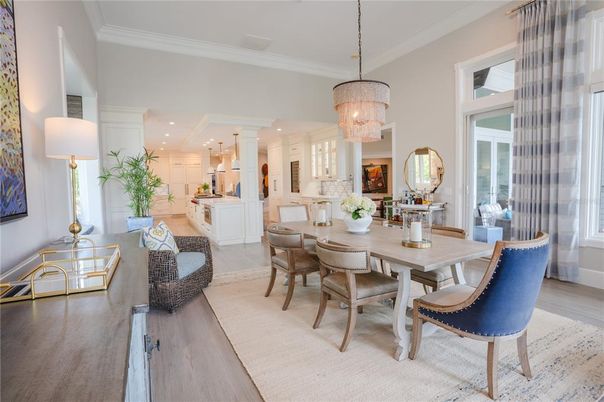 Chandelier, Dining room, Interior, Kitchen, Living room, Pendant Lights, Recessed Lighting, Wood Texture Flooring