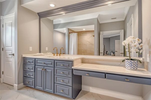 Bathroom, Dual Sink Vanities, Interior, Marble, Marble Walls, Recessed Lighting
