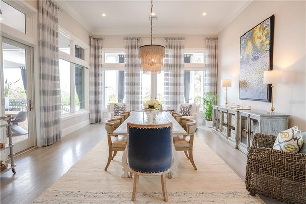 Dining room, Interior, Pendant Lights, Recessed Lighting, Wood Texture Flooring