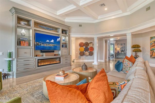 Fireplace, Interior, Living room, Recessed Lighting, Wood Texture Flooring