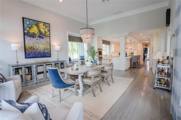 Chandelier, Dining room, Interior, Kitchen, Pendant Lights, Recessed Lighting, Wood Texture Flooring