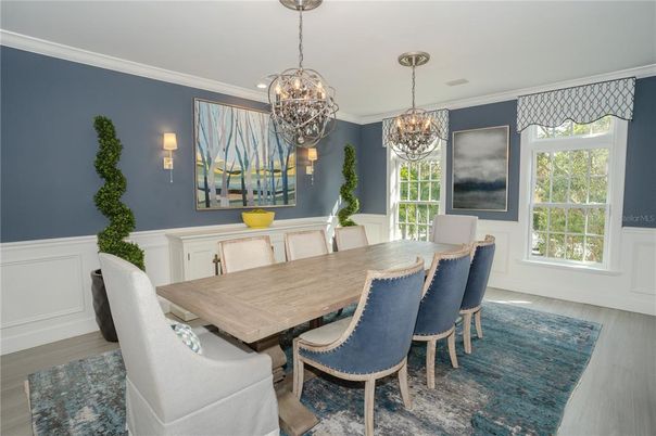 Chandelier, Dining room, Interior, Wood Texture Flooring