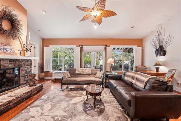 Fireplace, Interior, Living room, Recessed Lighting, Wood Texture Flooring
