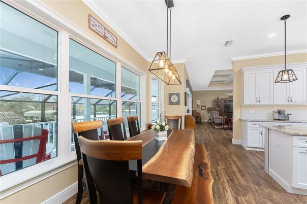 Dining room, Interior, Kitchen, Pendant Lights, Recessed Lighting, Wood Texture Flooring