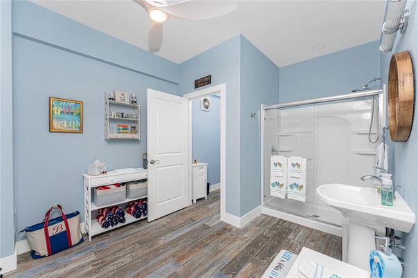 Bathroom, Glass Shower, Interior, Wood Texture Flooring