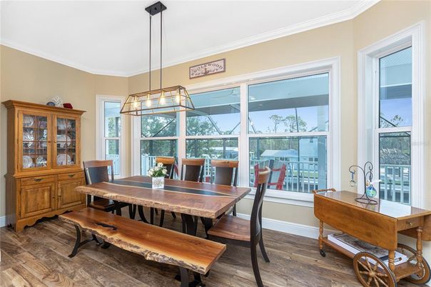Dining room, Interior, Pendant Lights, Wood Texture Flooring