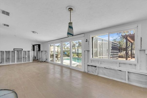 Empty room, Interior, Pendant Lights, Wood Texture Flooring