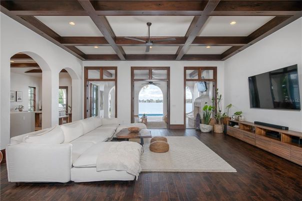 Interior, Living room, Recessed Lighting, Wooden Beams, Wood Texture Flooring