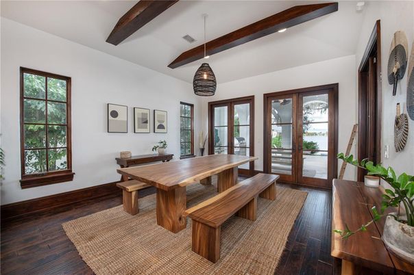 Dining room, Interior, Pendant Lights, Recessed Lighting, Wooden Beams, Wood Texture Flooring