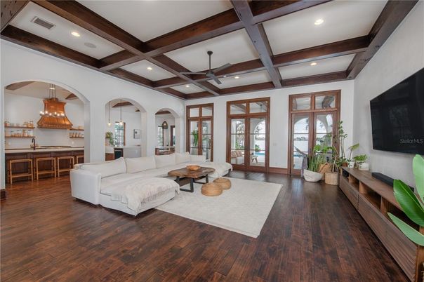 Interior, Kitchen, Living room, Pendant Lights, Recessed Lighting, Wooden Beams, Wood Texture Flooring