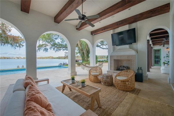 Exterior, Fireplace, Pool, Water, Wooden Beams