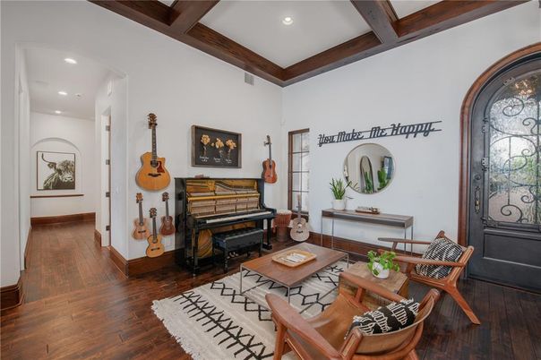 Interior, Living room, Piano, Recessed Lighting, Wooden Beams, Wood Texture Flooring