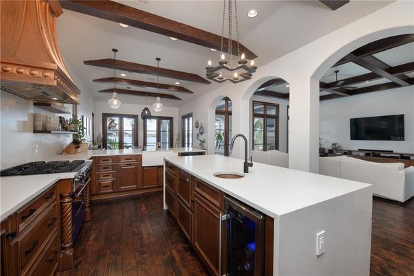 Interior, Kitchen, Living room, Pendant Lights, Recessed Lighting, Stainless Steel Appliances, Wooden Beams, Wood Texture Flooring