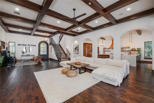 Interior, Living room, Pendant Lights, Recessed Lighting, Wooden Beams, Wood Texture Flooring