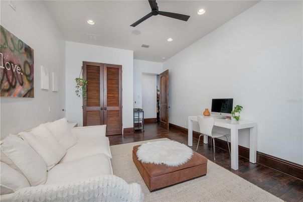 Home Office, Interior, Living room, Recessed Lighting, Wood Texture Flooring