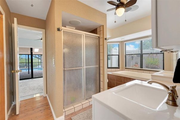 Bathroom, Glass Shower, Interior, Wood Texture Flooring