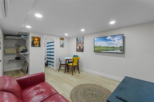 Dining room, Interior, Recessed Lighting, Wood Texture Flooring