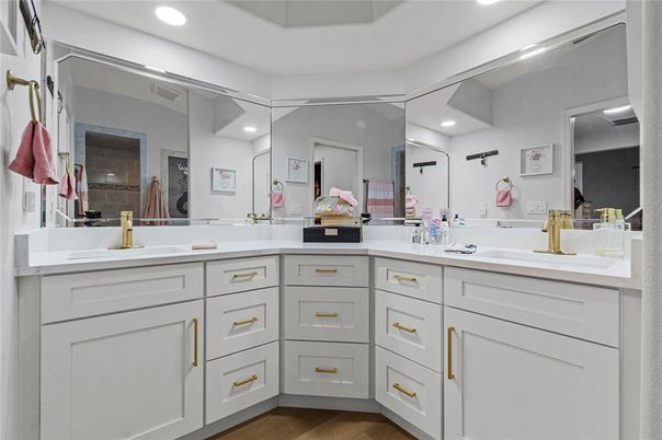 Bathroom, Dual Sink Vanities, Interior, Recessed Lighting, Wood Texture Flooring