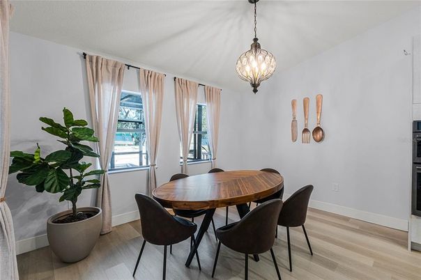 Dining room, Interior, Pendant Lights, Wood Texture Flooring