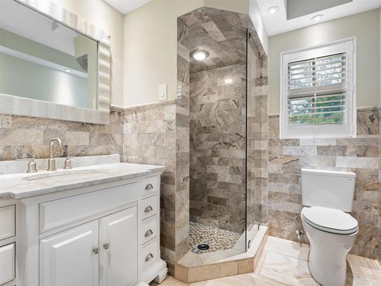 Bathroom, Glass Shower, Interior, Recessed Lighting, Stone Walls