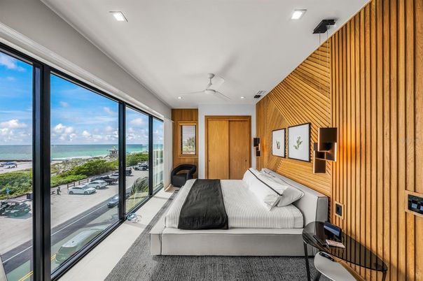 Bedroom, Interior, Recessed Lighting, Water, Wooden Walls