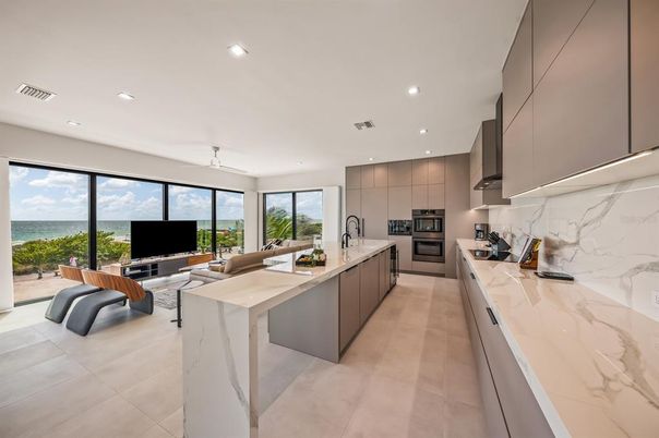 Interior, Kitchen, Living room, Marble Walls, Recessed Lighting, Stainless Steel Appliances, Water
