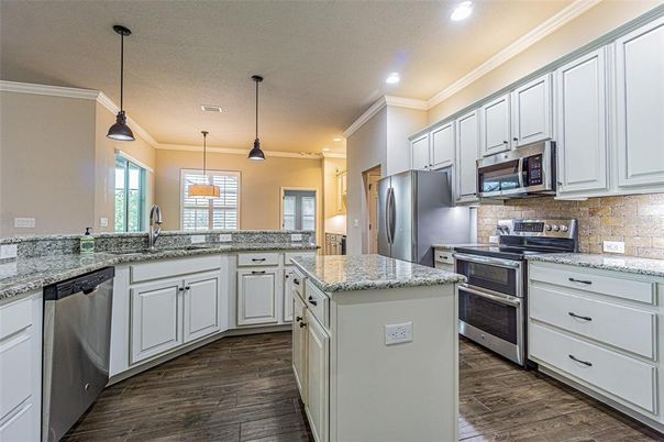 Interior, Kitchen, Pendant Lights, Recessed Lighting, Stainless Steel Appliances, Wood Texture Flooring