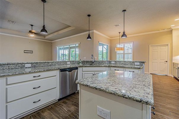Interior, Kitchen, Pendant Lights, Recessed Lighting, Wood Texture Flooring