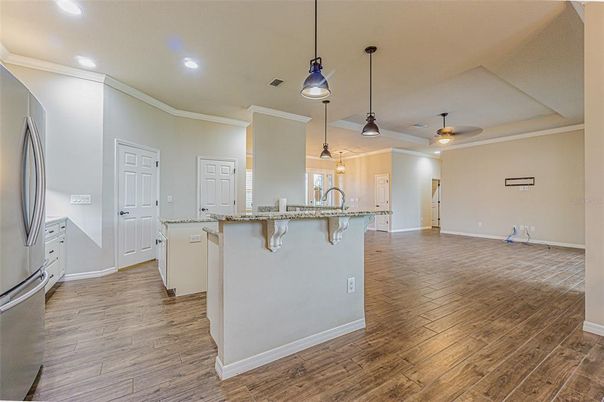 Interior, Kitchen, Pendant Lights, Recessed Lighting, Wood Texture Flooring