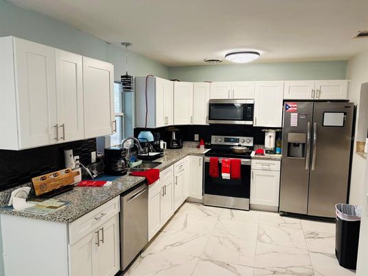 Interior, Kitchen, Marble, Pendant Lights, Stainless Steel Appliances