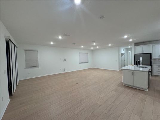 Empty room, Interior, Kitchen, Recessed Lighting, Wood Texture Flooring