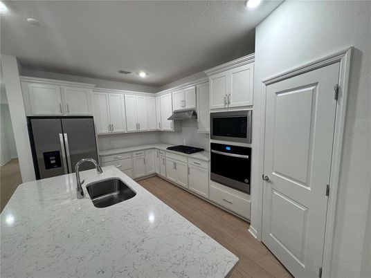 Interior, Kitchen, Recessed Lighting, Wood Texture Flooring