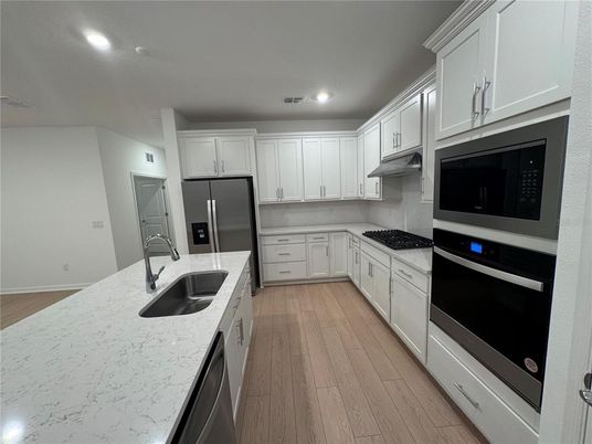 Interior, Kitchen, Recessed Lighting, Stainless Steel Appliances, Wood Texture Flooring
