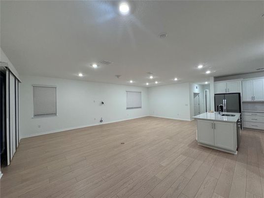 Empty room, Interior, Kitchen, Recessed Lighting, Wood Texture Flooring